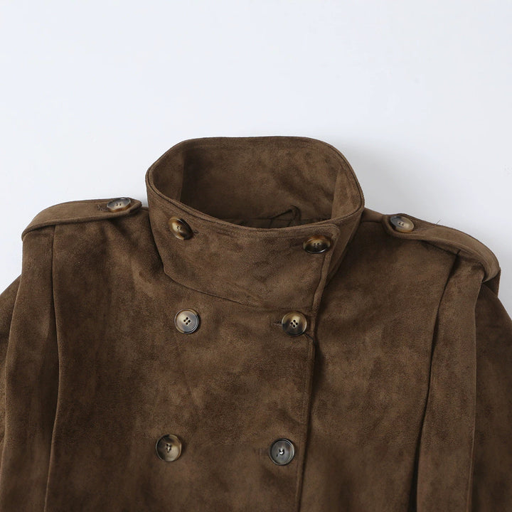 Women Short Double-Breasted Suede Jacket with Stand-Up Collar and Epaulettes Mune Fashion