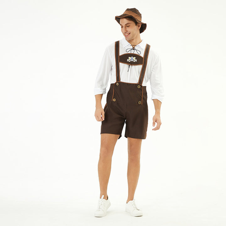 Men's traditional short leather pants with adjustable straps and decorative bib Mune Fashion