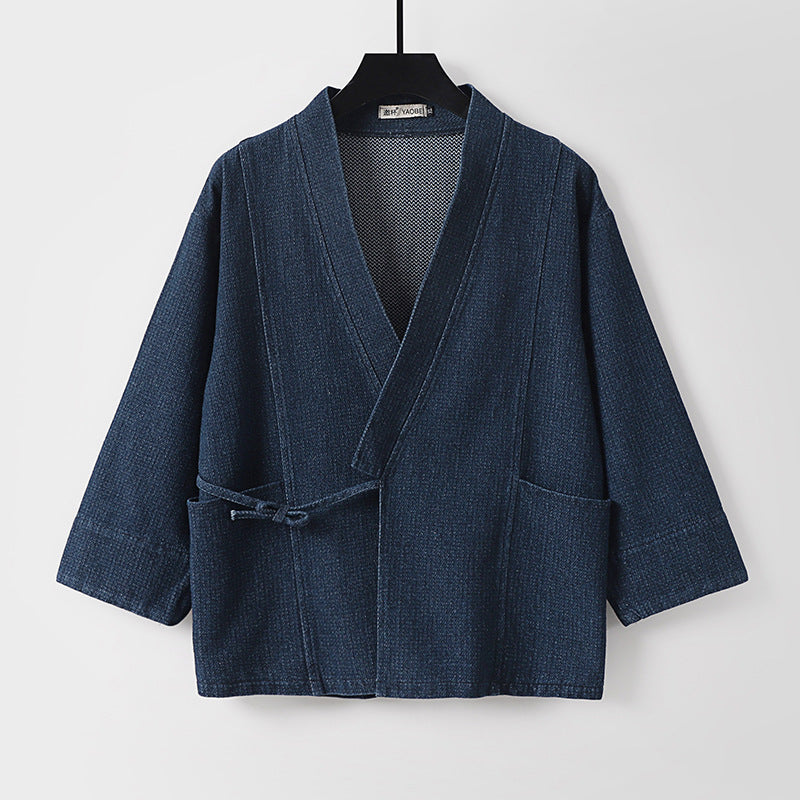 Unisex Jeans-Kimono Jacket with Ties and Patch Pockets Mune Fashion