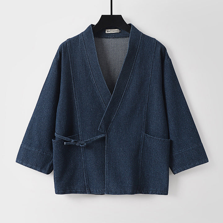 Unisex Jeans-Kimono Jacket with Ties and Patch Pockets Mune Fashion