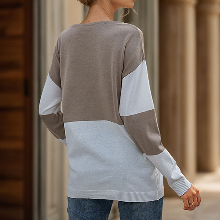 Women's Oversize Knitted Sweater with Round Neck, Eyelet Triangle and Block Stripes Mune Fashion
