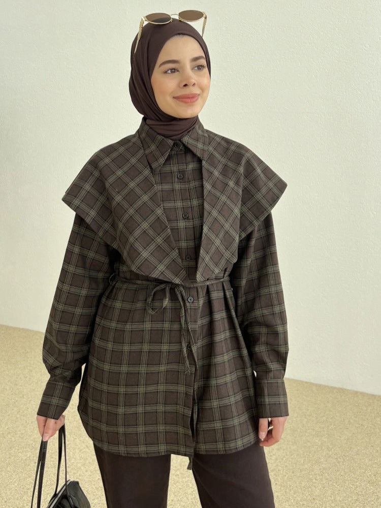 Women's Oversized Checked Shirt with Waist Belt and Extended Back Hem Mune Fashion