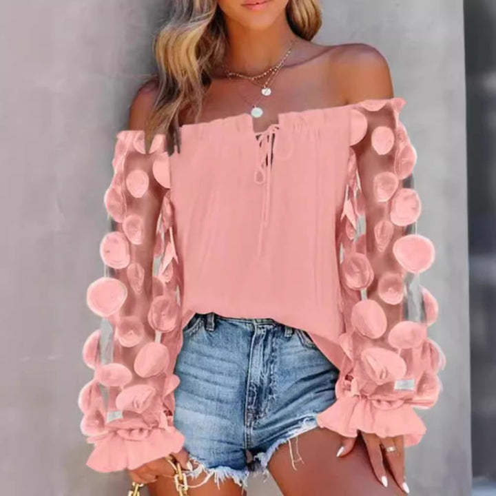 Women off-shoulder Carmen top with transparent organza sleeves, circular appliqués and ruffle cuffs Mune Fashion