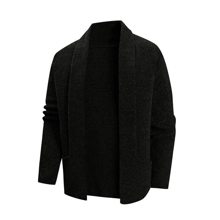 Men's open knit coat with wide falling shawl collar and patch hip pockets Mune Fashion