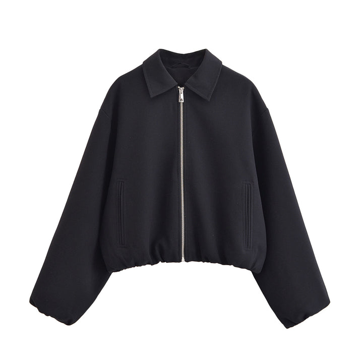 Women's Cropped Bomber Jacket with Balloon Sleeves, Stand Collar and Elastic Hem Mune Fashion