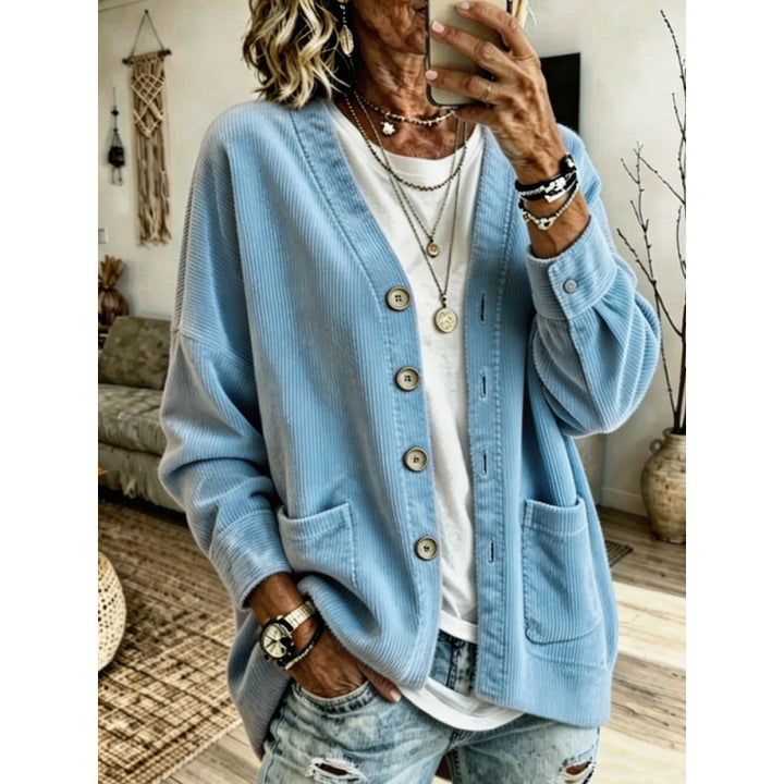 Women's Oversized Cord Cardigan with Patch Pockets and Wooden Buttons Mune Fashion