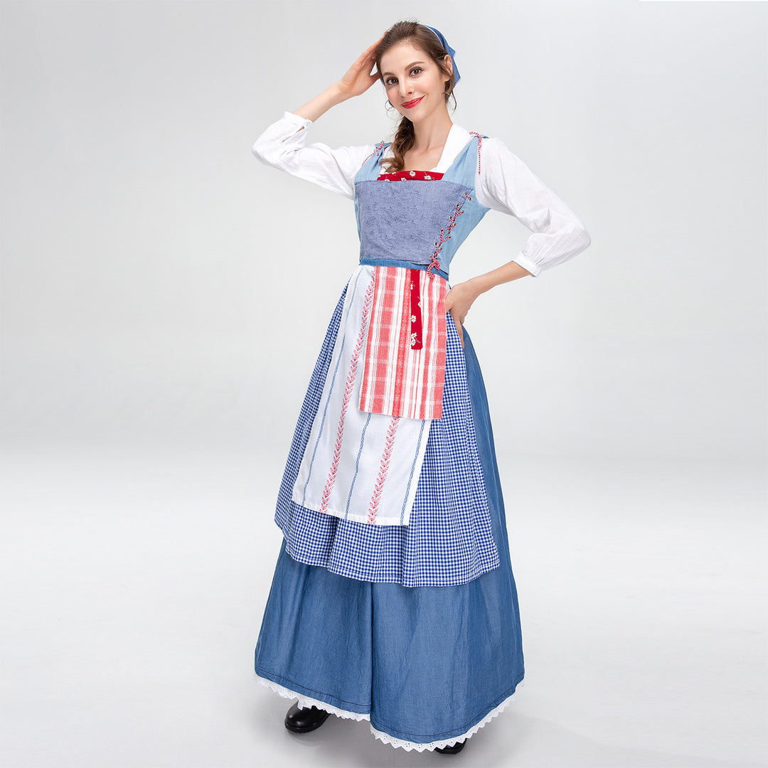 Ladies' rural traditional dress with bib bodice and layered apron Mune Fashion
