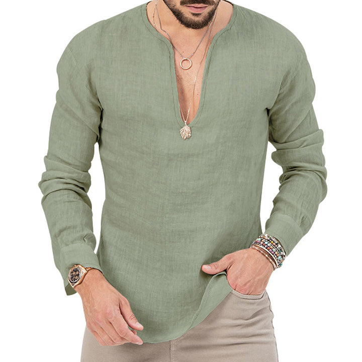 Men's relaxed linen tunic shirt with open slit collar and rounded hem Mune Fashion