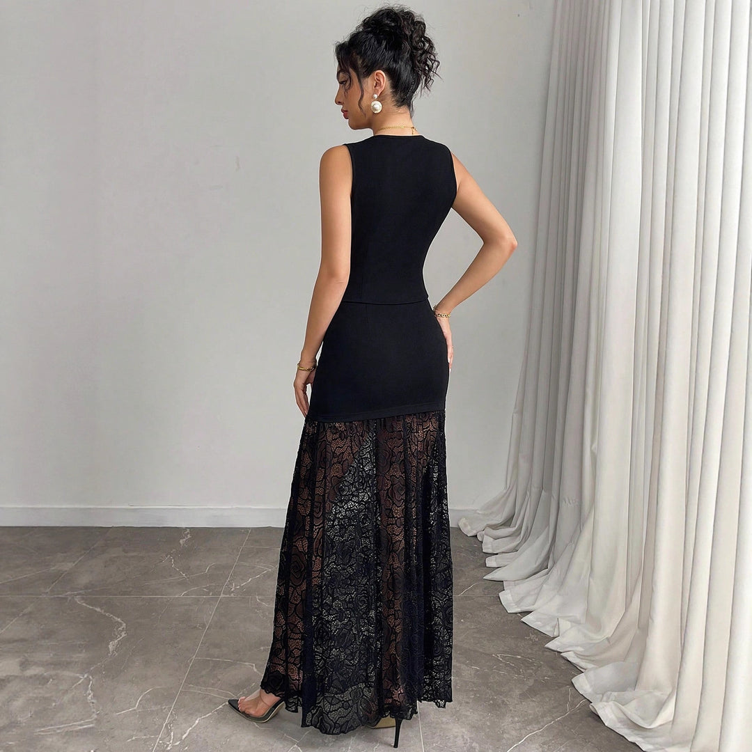 Women two-piece evening set with tailored vest and floor-length lace overlay skirt Mune Fashion