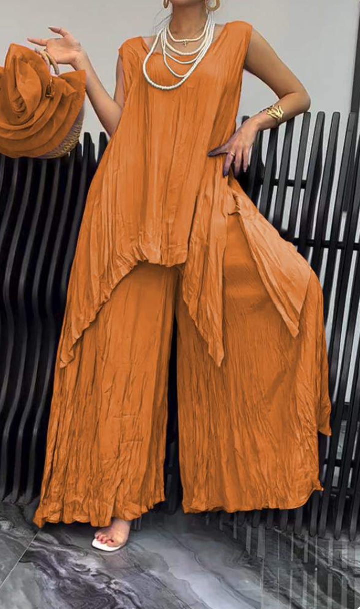 Women two-piece set in airy crinkle look with sleeveless tunic and wide palazzo pants Mune Fashion