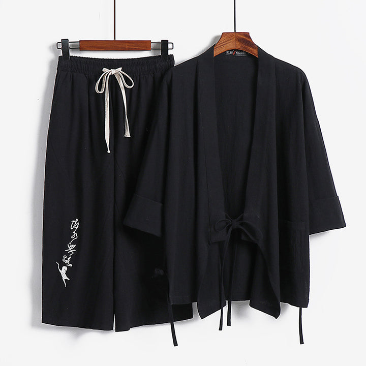 Unisex Lightweight Kimono Loungewear Set made of Cotton-Linen with Embroidered Harem Pants and Tie Belt Mune Fashion
