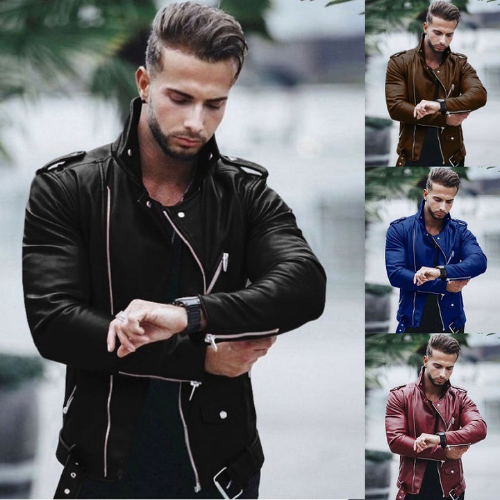Men's stylish biker jacket made of faux leather with asymmetrical zipper and fitted cut Mune Fashion