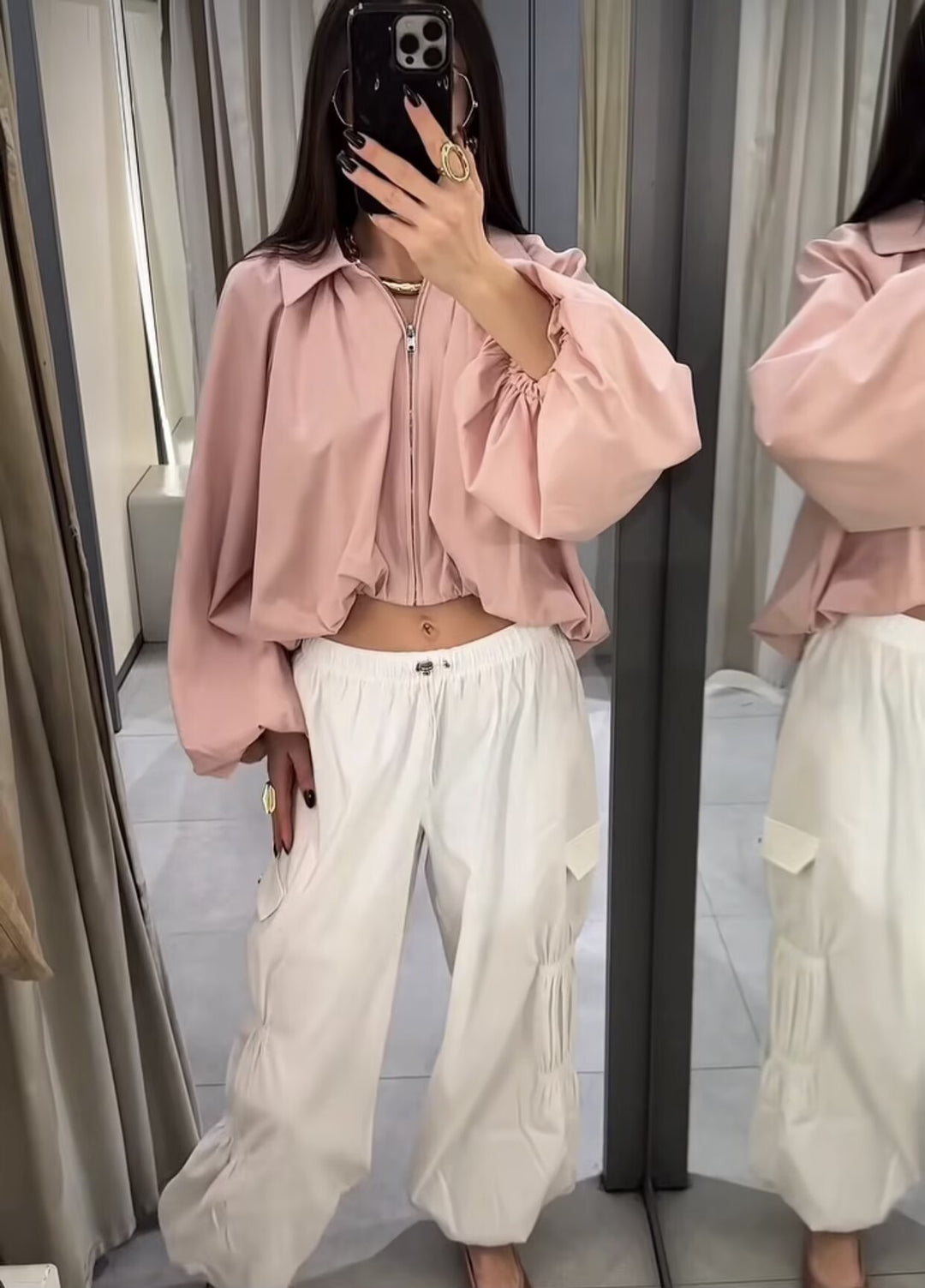 Women Cropped Blouse Jacket with Shirt Collar, Gathered Yoke and Wide Volume Sleeve Mune Fashion