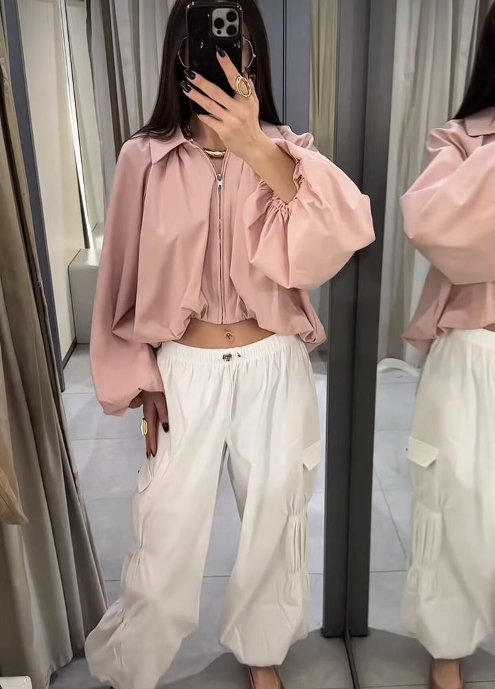 Women Cropped Blouse Jacket with Shirt Collar, Gathered Yoke and Wide Volume Sleeve Mune Fashion