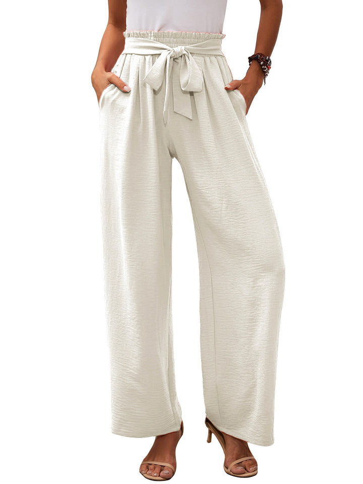 Women's paperbag pants with wide leg, elastic waist and tie belt Mune Fashion