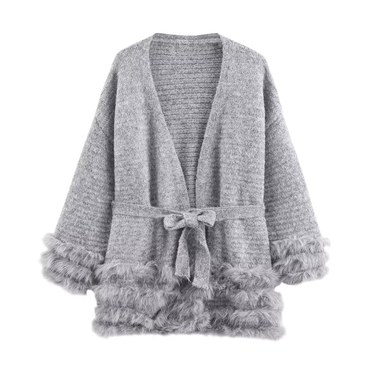 Women's Knit Cardigan with Tie Belt and Faux Fur Trim Mune Fashion