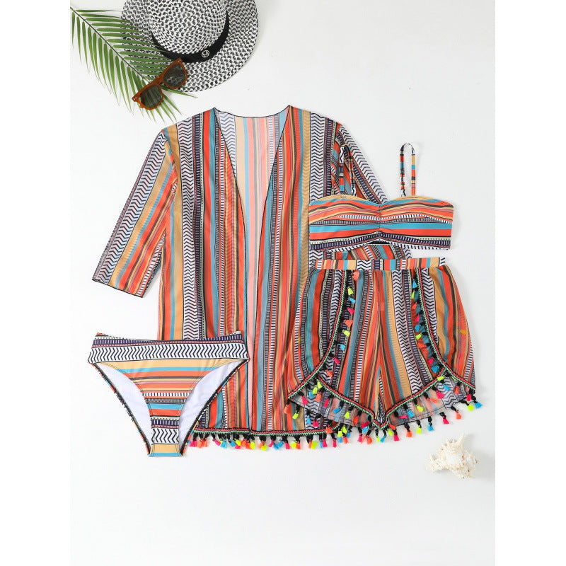 Women's bathing set with fringed shorts and lightweight kimono Mune Fashion