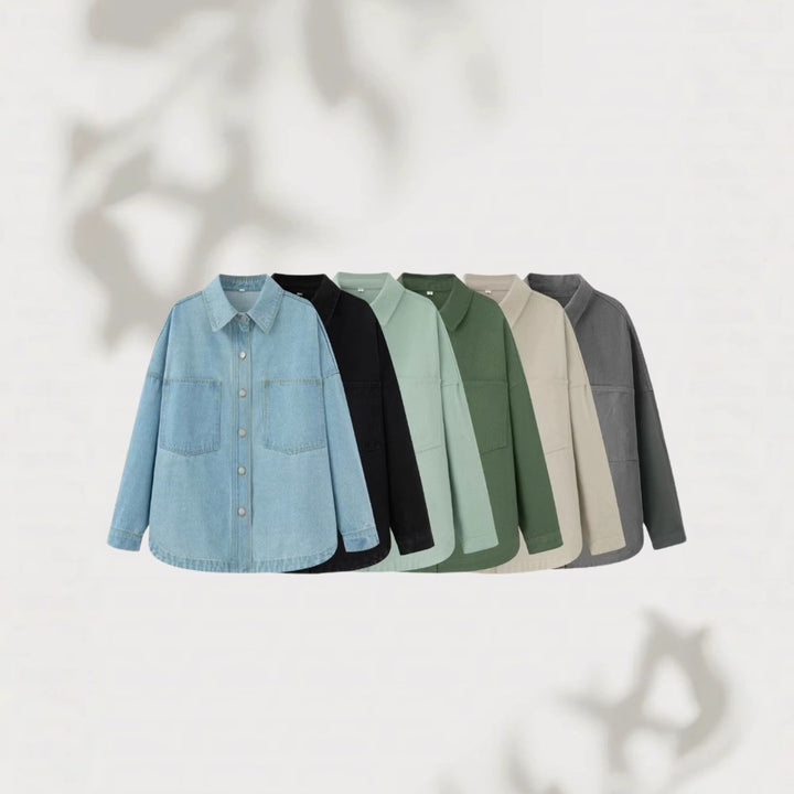 Women's Oversize Jeans Shirt Jacket in Boxy Cut with Patch Chest Pockets and Rounded Hem Mune Fashion