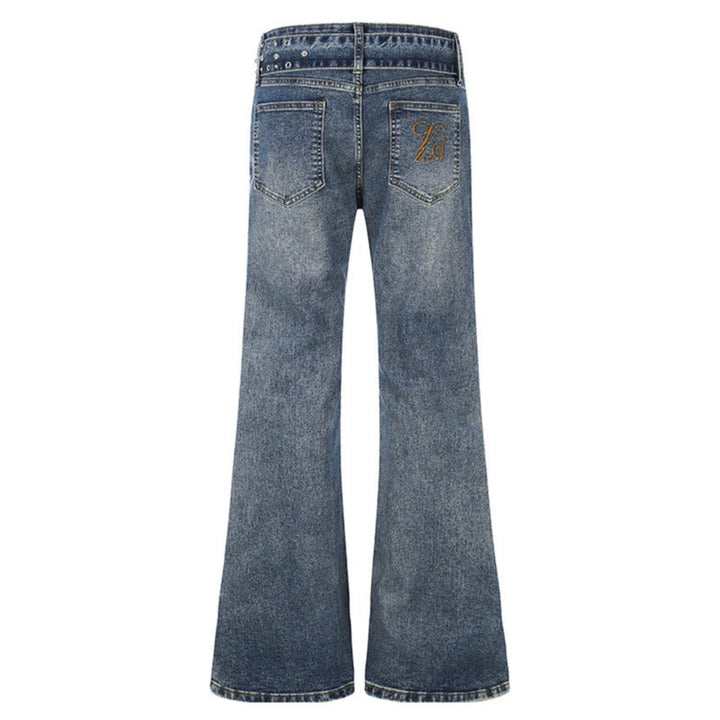 Women's High-Waist Flared Denim Jeans with Studded Detail, Wide Flare and Decorative Belt Mune Fashion