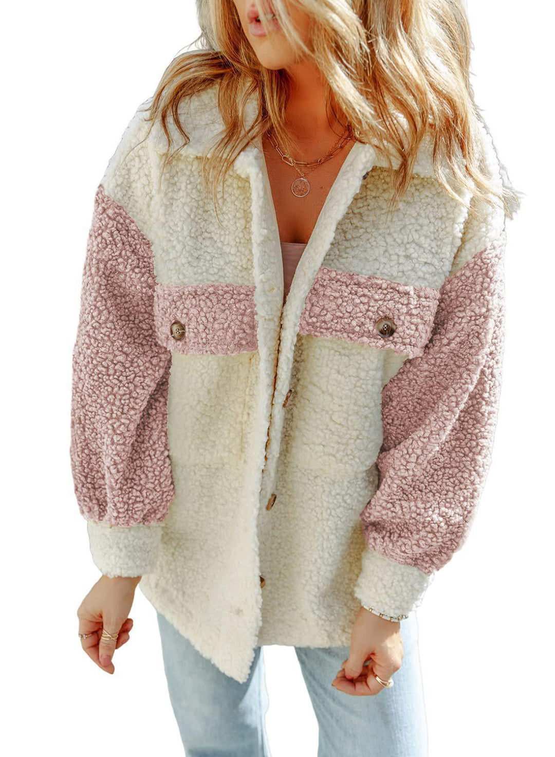 Women's oversized Teddy shirt jacket with contrast stripes, applied chest pockets and visible button placket Mune Fashion
