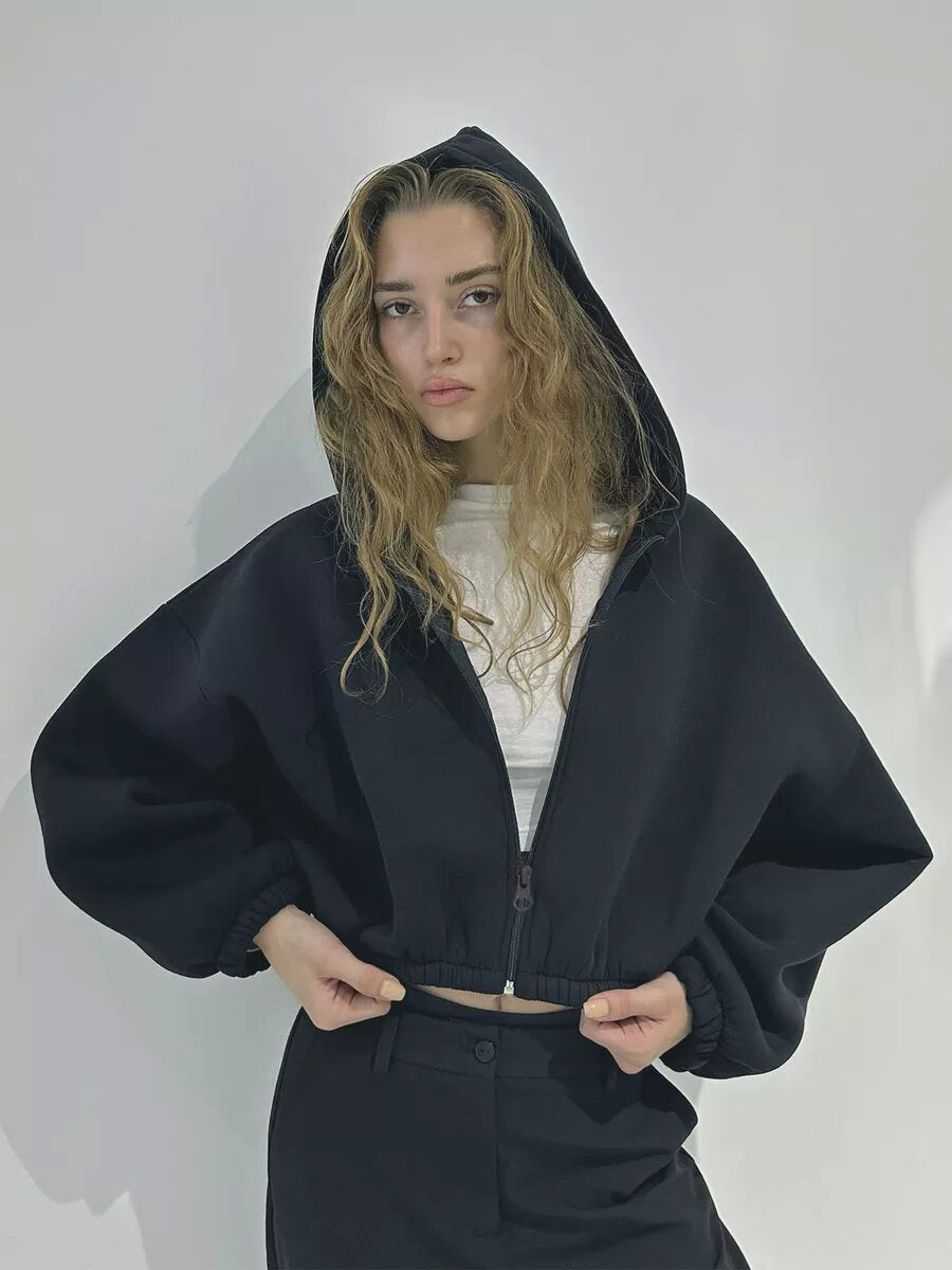 Women's oversized hooded jacket short cut with elastic hem and balloon sleeves Mune Fashion