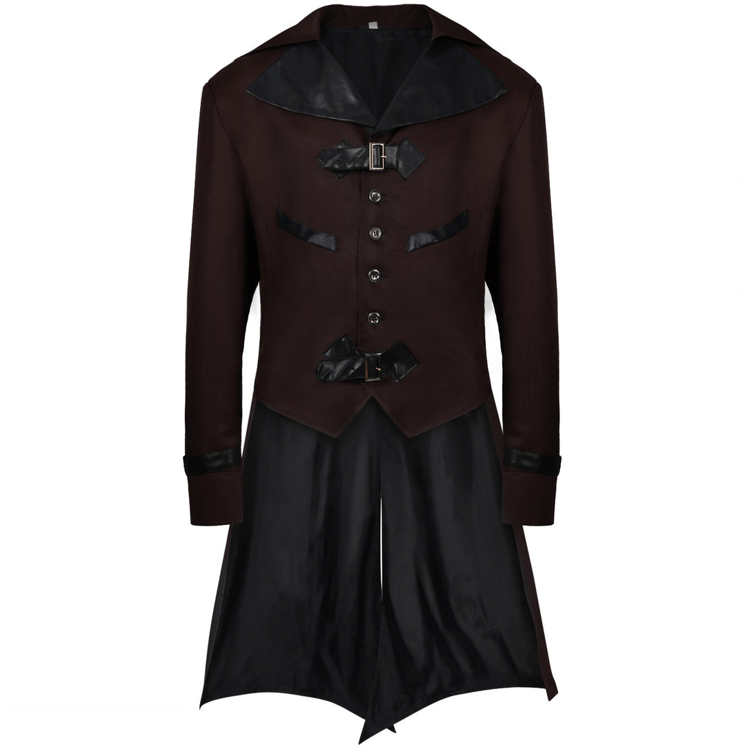 Men's long coat with double-layer shoulder cape, concealed zipper inner lining, and adjustable cuffs