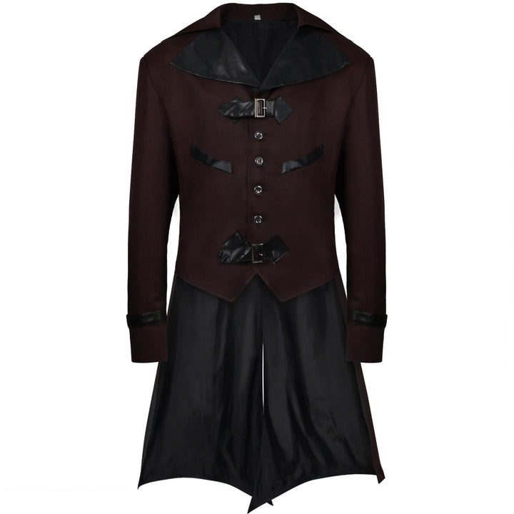 Men's long coat with double-layer shoulder cape, concealed zipper inner lining, and adjustable cuffs
