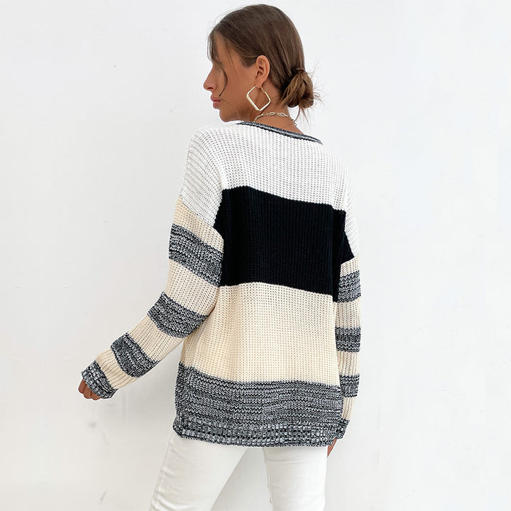 Women’s Oversize Knit Sweater with coarse ribbed knit, block stripes and wide round neckline Mune Fashion