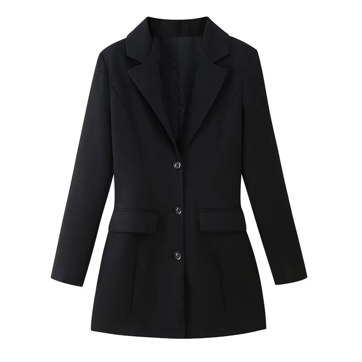 Women's fitted long blazer with lapel collar, three buttons and patch pockets Mune Fashion