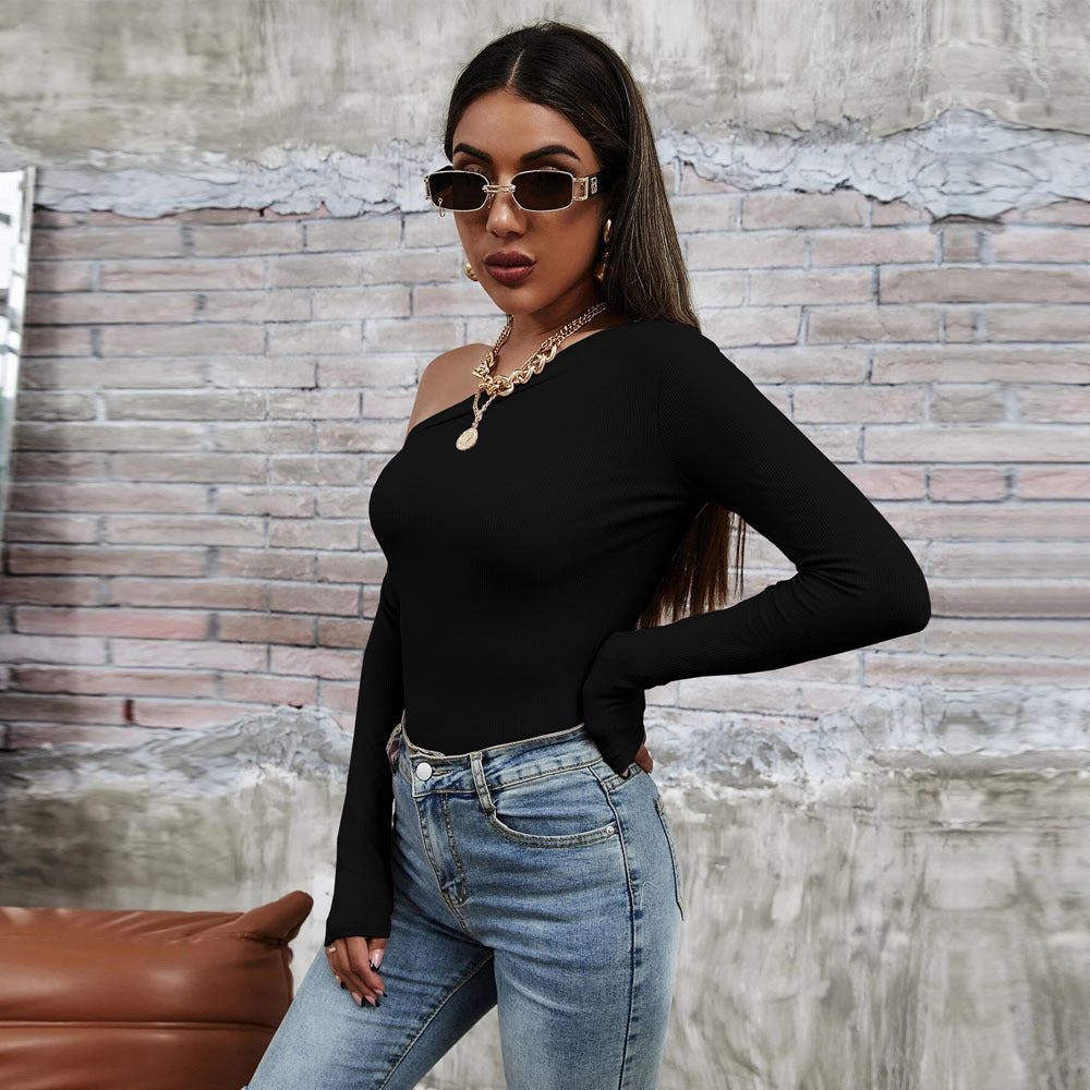 Ladies' asymmetrical one-shoulder long sleeve top with sleek sculpting fit and fine rib structure