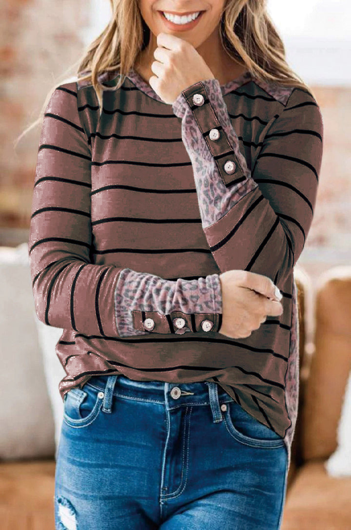 Women's Casual Striped Long Sleeve Shirt with Button Cuffs and Leopard Contrast Mune Fashion