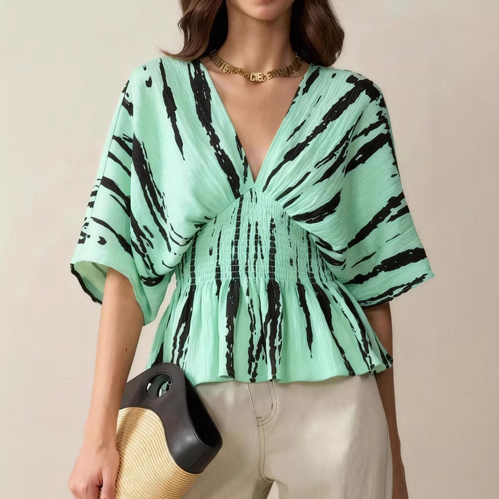 Women's V-Neck Blouse with Loose Fit and Ruching Mune Fashion