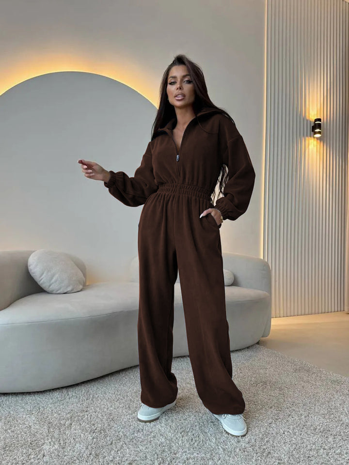 Women's Oversized Loungewear Jumpsuit with Half Zipper and Elastic Waist Gathering Mune Fashion