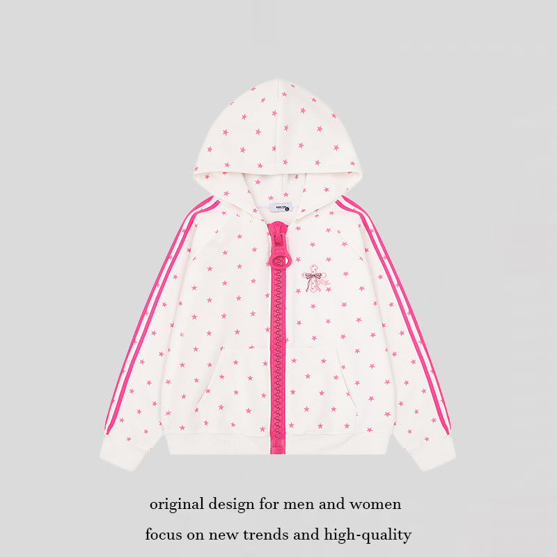 Women's hoodie sweatshirt with star all-over print, wide contrast zipper and side stripes Mune Fashion