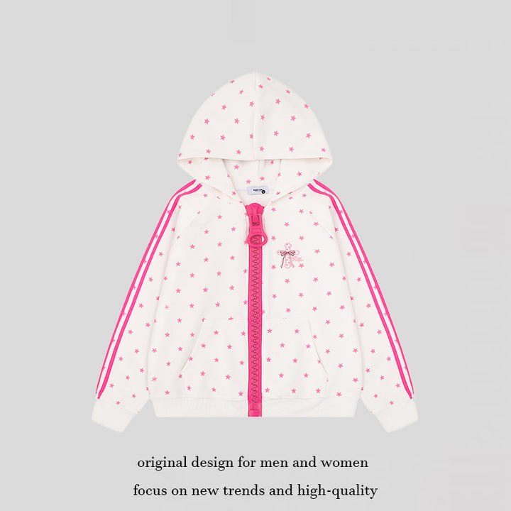 Women's hoodie sweatshirt with star all-over print, wide contrast zipper and side stripes Mune Fashion