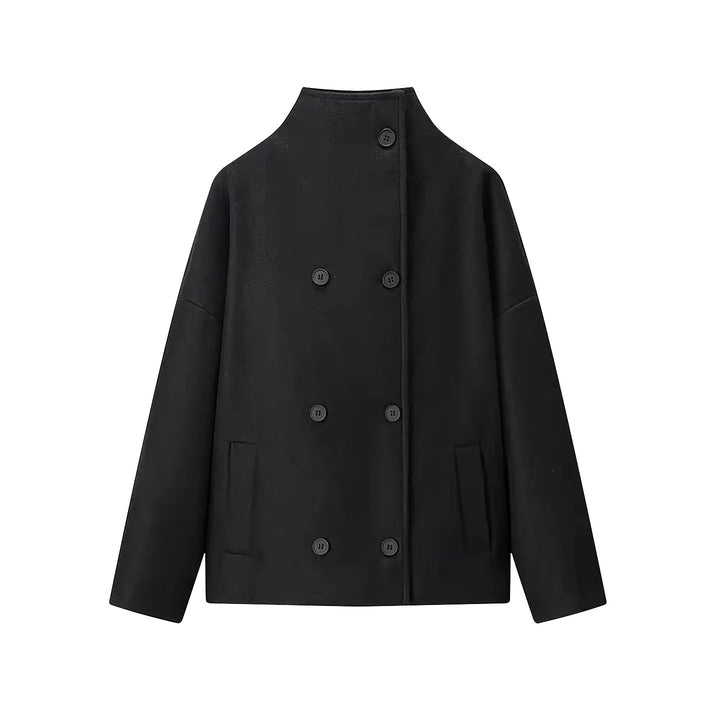 Women's Short Cut Boxy Wool Blend Coat with Stand-Up Collar and Concealed Double Button Placket Mune Fashion