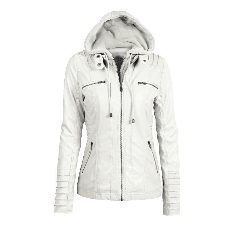 Women's Slim-Fit Faux Leather Jacket with Hood, Padded Sleeves and Zipper Pockets Mune Fashion