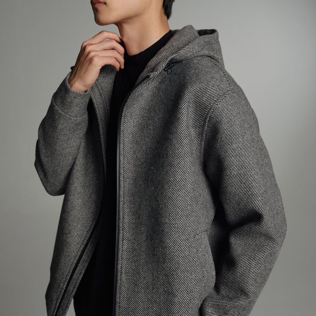 Men's Short Wool Blend Zipped Hoodie with Elastic Hem Mune Fashion