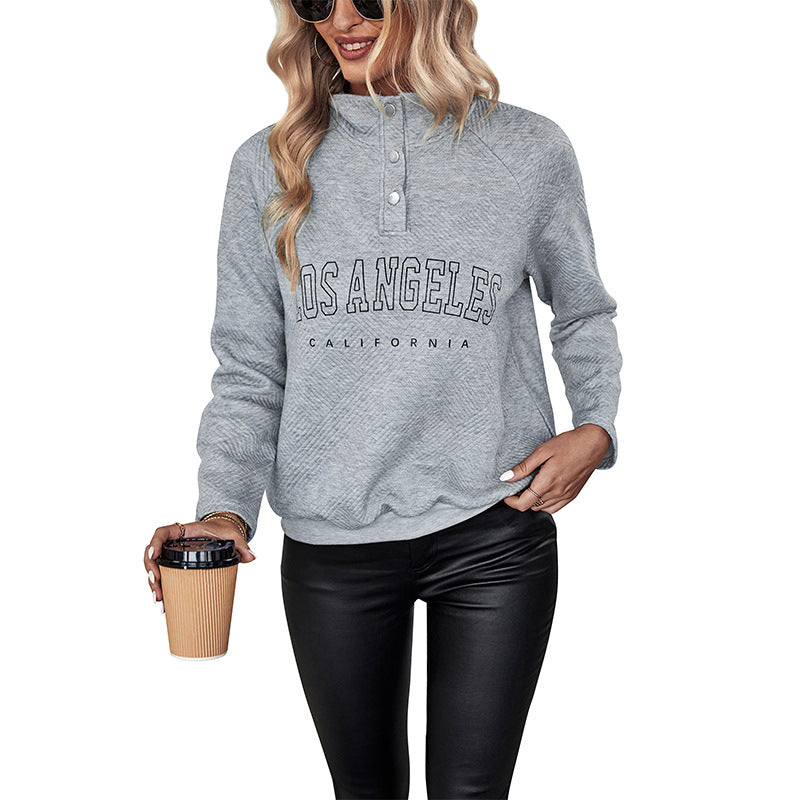 Ladies Quilted Sweatshirt with Stand-up Collar, Snap Button Placket and College Print Mune Fashion