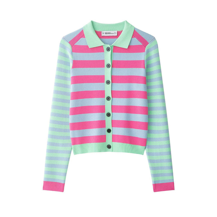 Women Striped Short Jacket-Cardigan with Polo Collar and Button Placket Mune Fashion