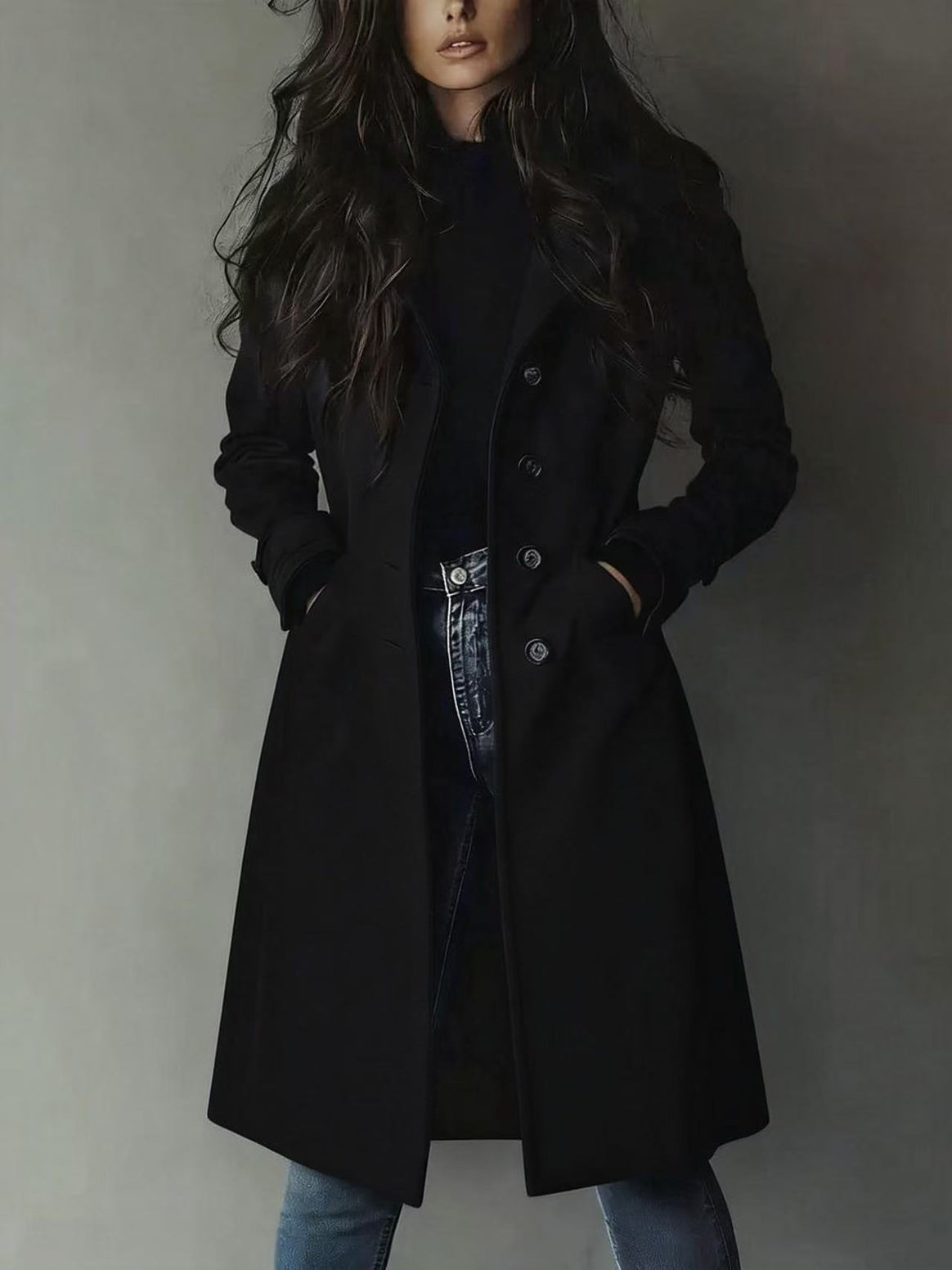 Women's Tailored Long Coat with A-Line Silhouette and Classic Button Placket Mune Fashion