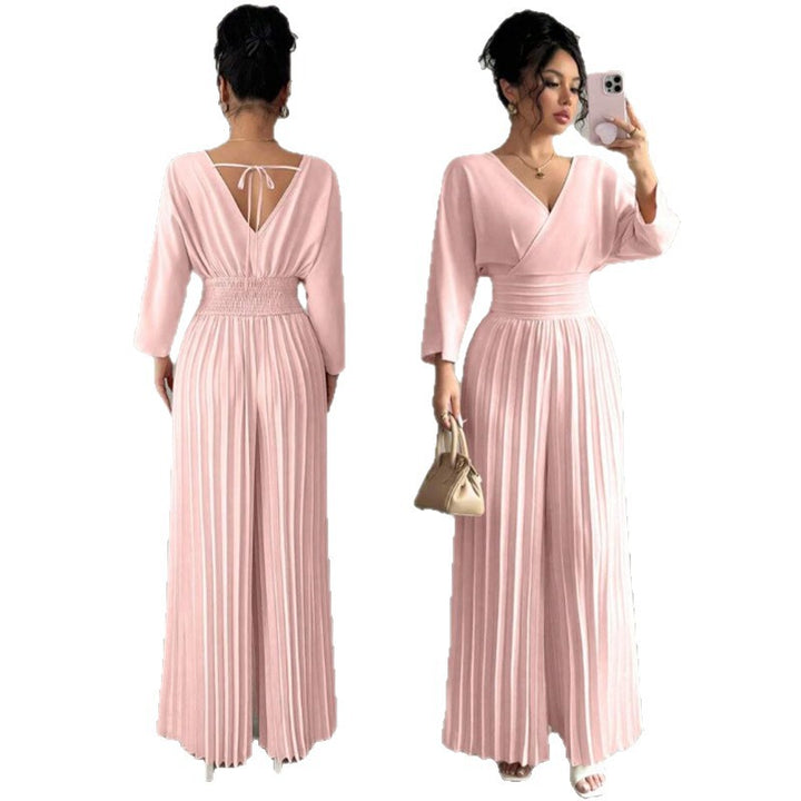 Women Elegant Pleated Jumpsuit with V-Neck Mune Fashion