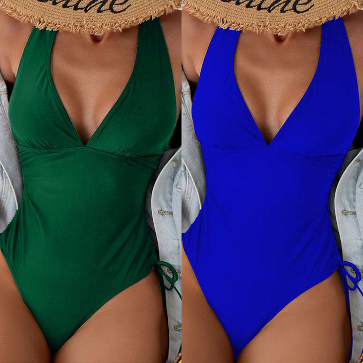 Women one-piece swimsuit with deep V-neck and side tie design Mune Fashion