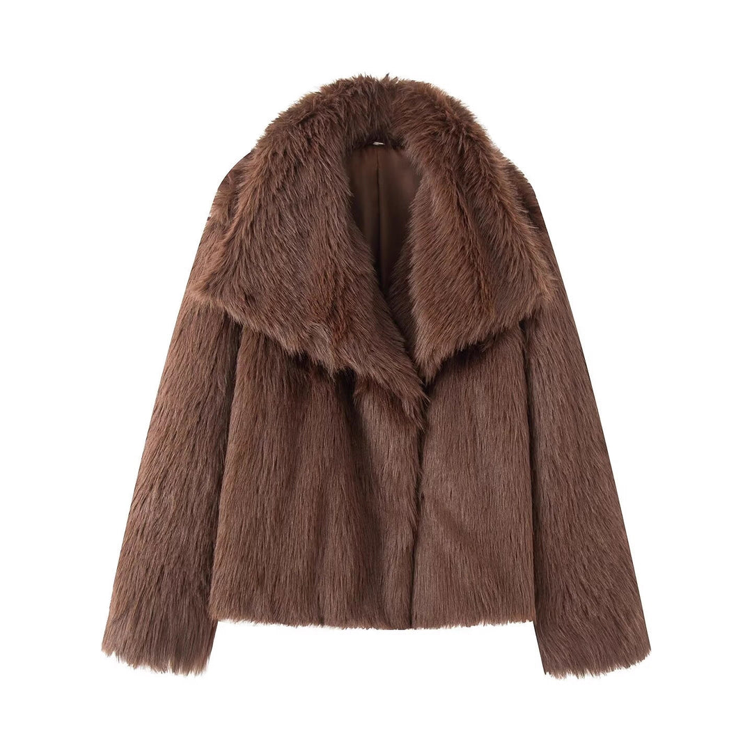 Women's Short Boxy Faux Fur Coat with Generous Shawl Collar and Soft Lining Mune Fashion