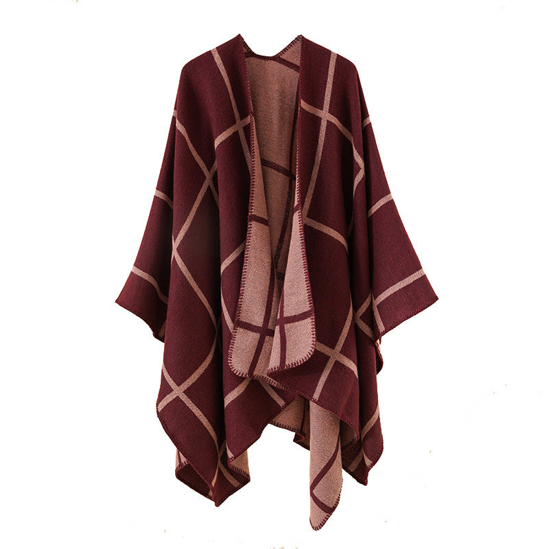 Women's Open Wool Blend Poncho in Cape Style with Subtle Check Pattern Mune Fashion
