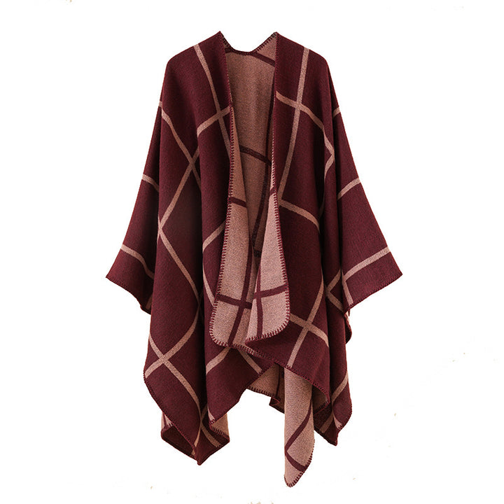 Women's Open Wool Blend Poncho in Cape Style with Subtle Check Pattern Mune Fashion