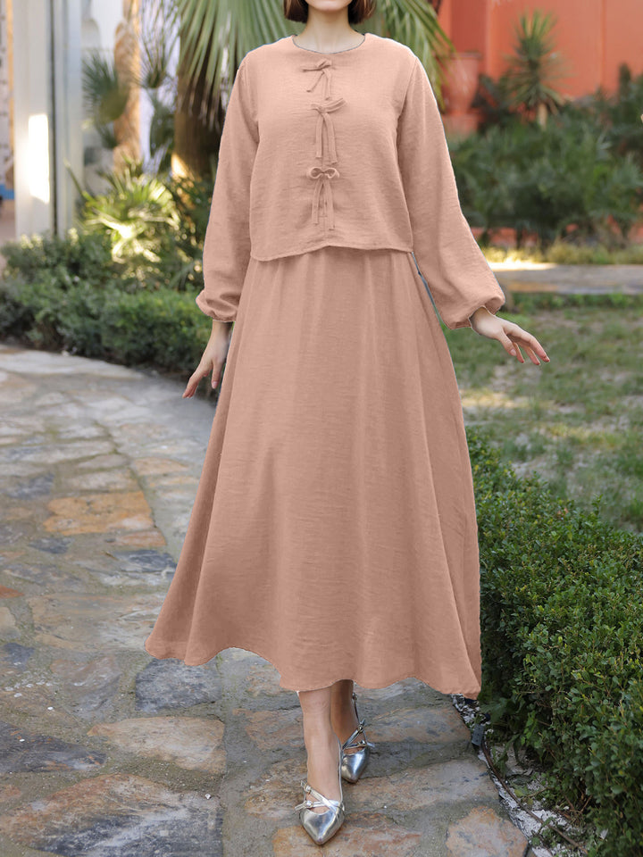 Ladies Long Two-Piece Maxi Dress with Overlay, Round Neck and Decorative Knot