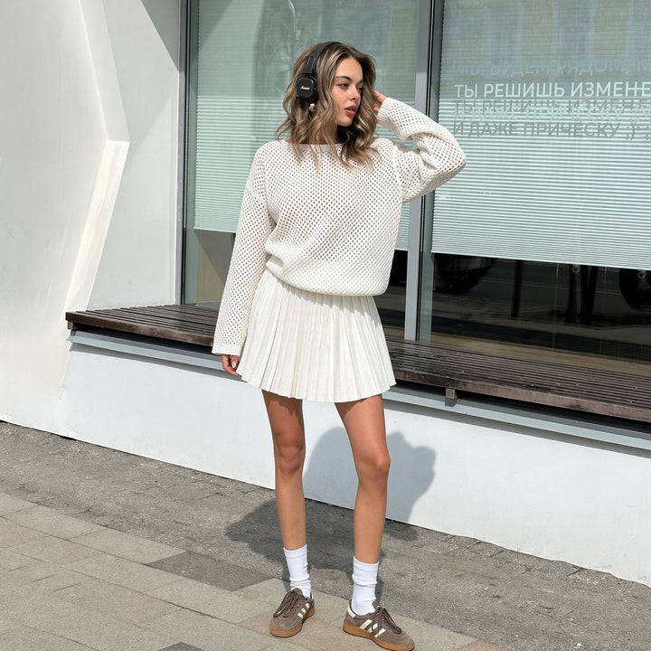 Women's oversized net knit sweater with pleated mini skirt set Mune Fashion