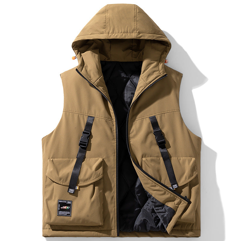 Men's Technical Outdoor Vest with Hood, Quilted Insulation and Multifunctional Cargo Pockets Mune Fashion