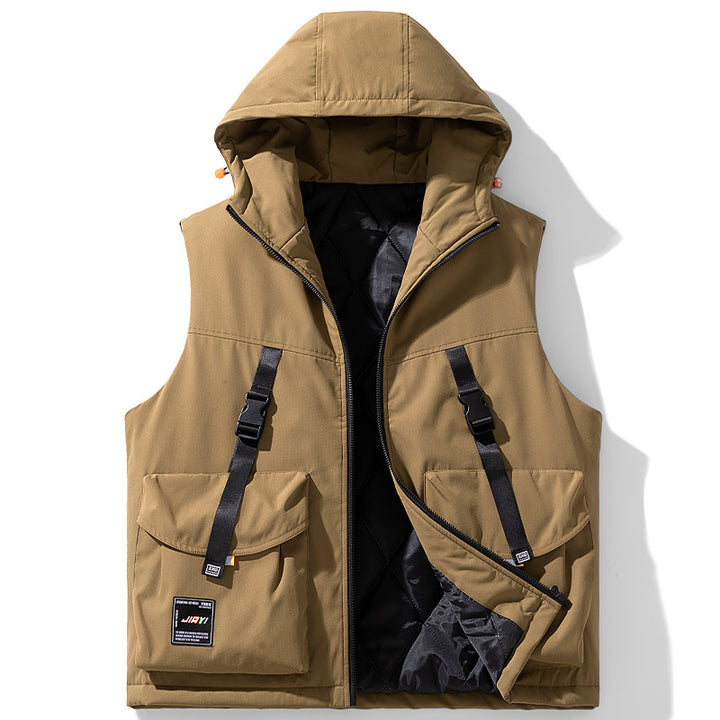 Men's Technical Outdoor Vest with Hood, Quilted Insulation and Multifunctional Cargo Pockets Mune Fashion